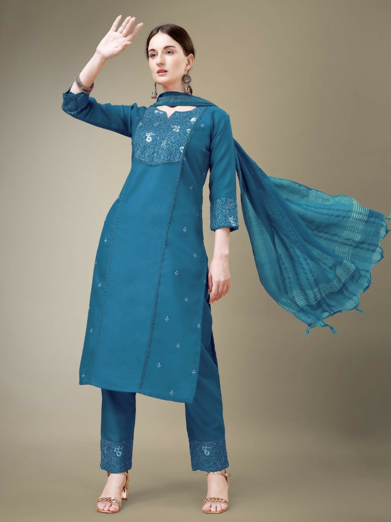 Morpich teal cotton blend straight kurta featuring embroidery and lace details with matching trousers and dupatta.