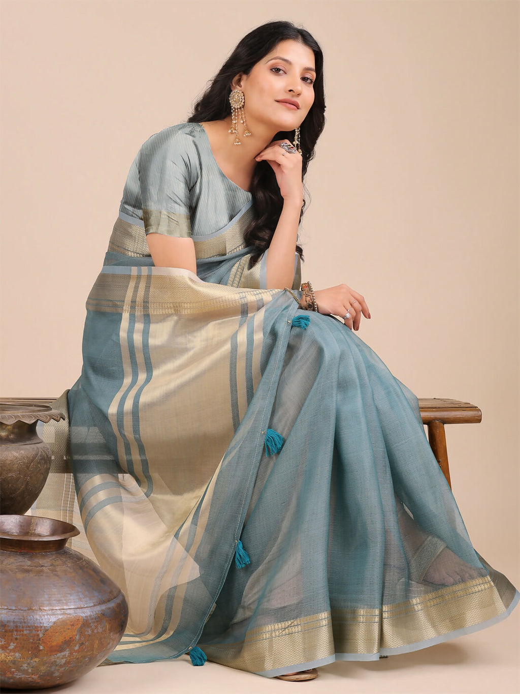 Seoul Sea Green Organza Saree with Matching Blouse