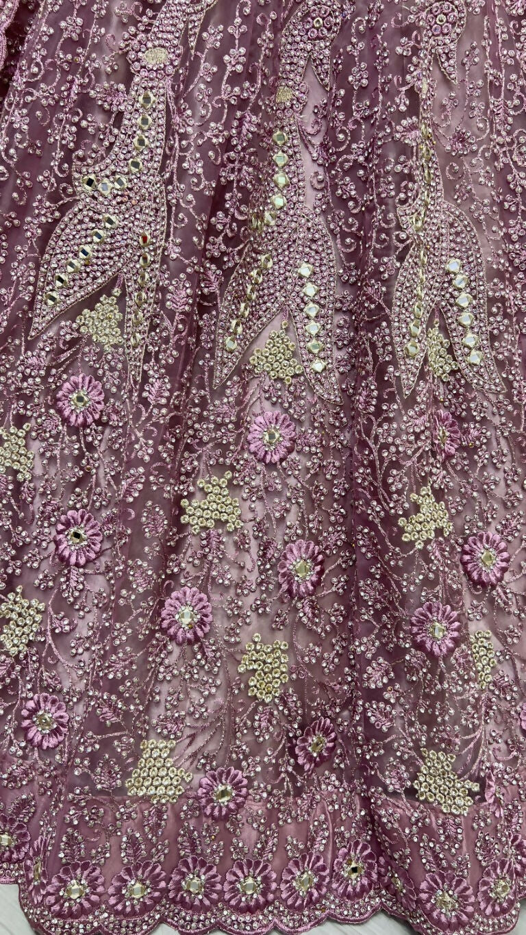 Pyazi Bridal Net Lehenga Choli with Mirror and Diamond Work