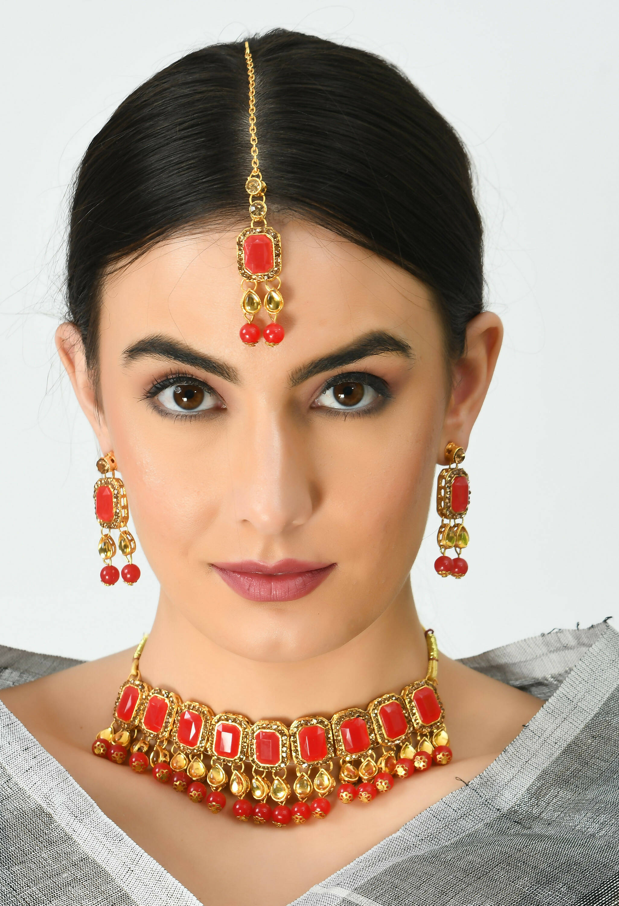 Kundan and Pearl Gold-Polished Brass Statement Choker (Red)