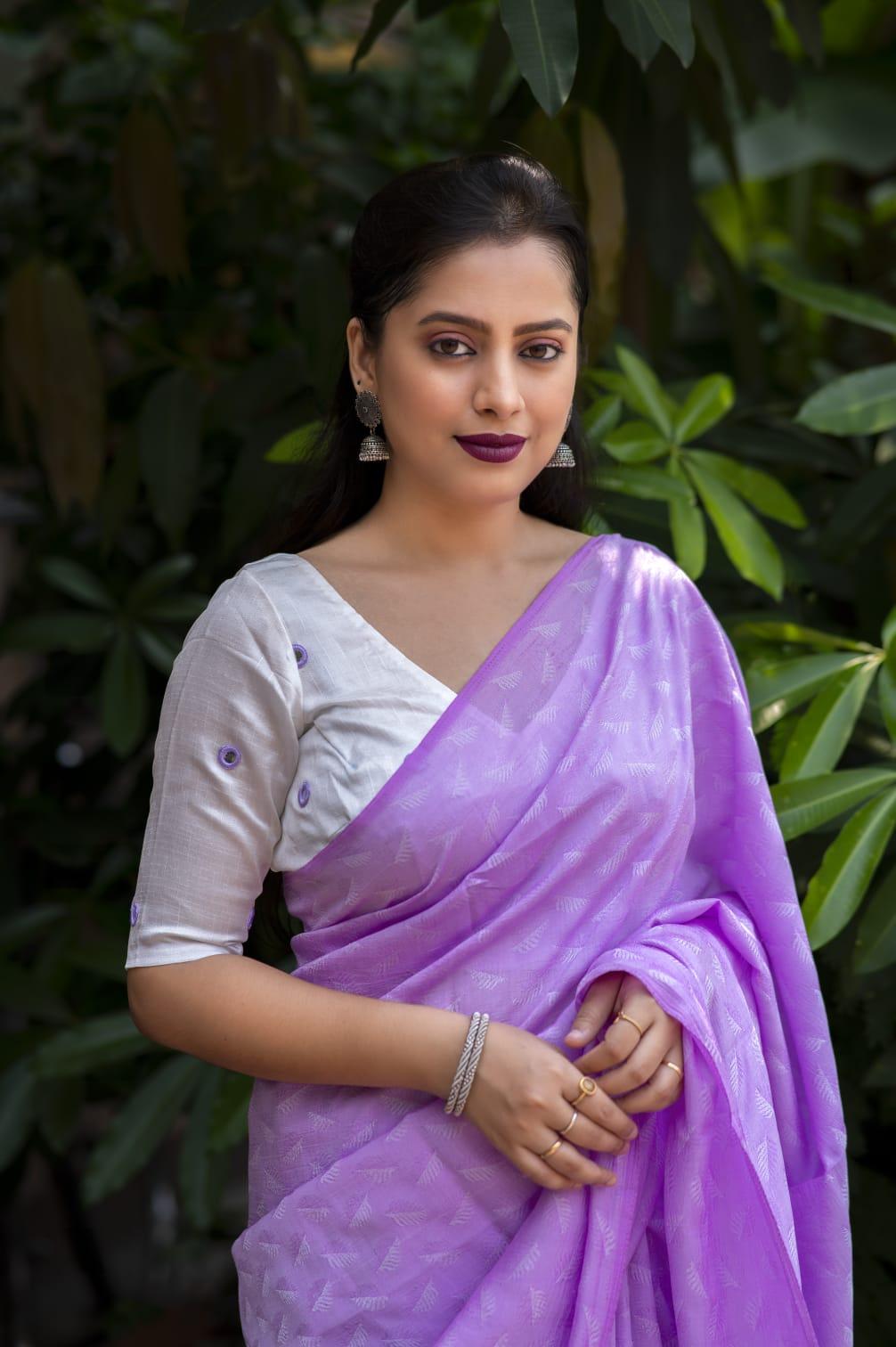 Lavender Poly Georgette Woven Design Saree with Unstitched Blouse - Hiral Fashion