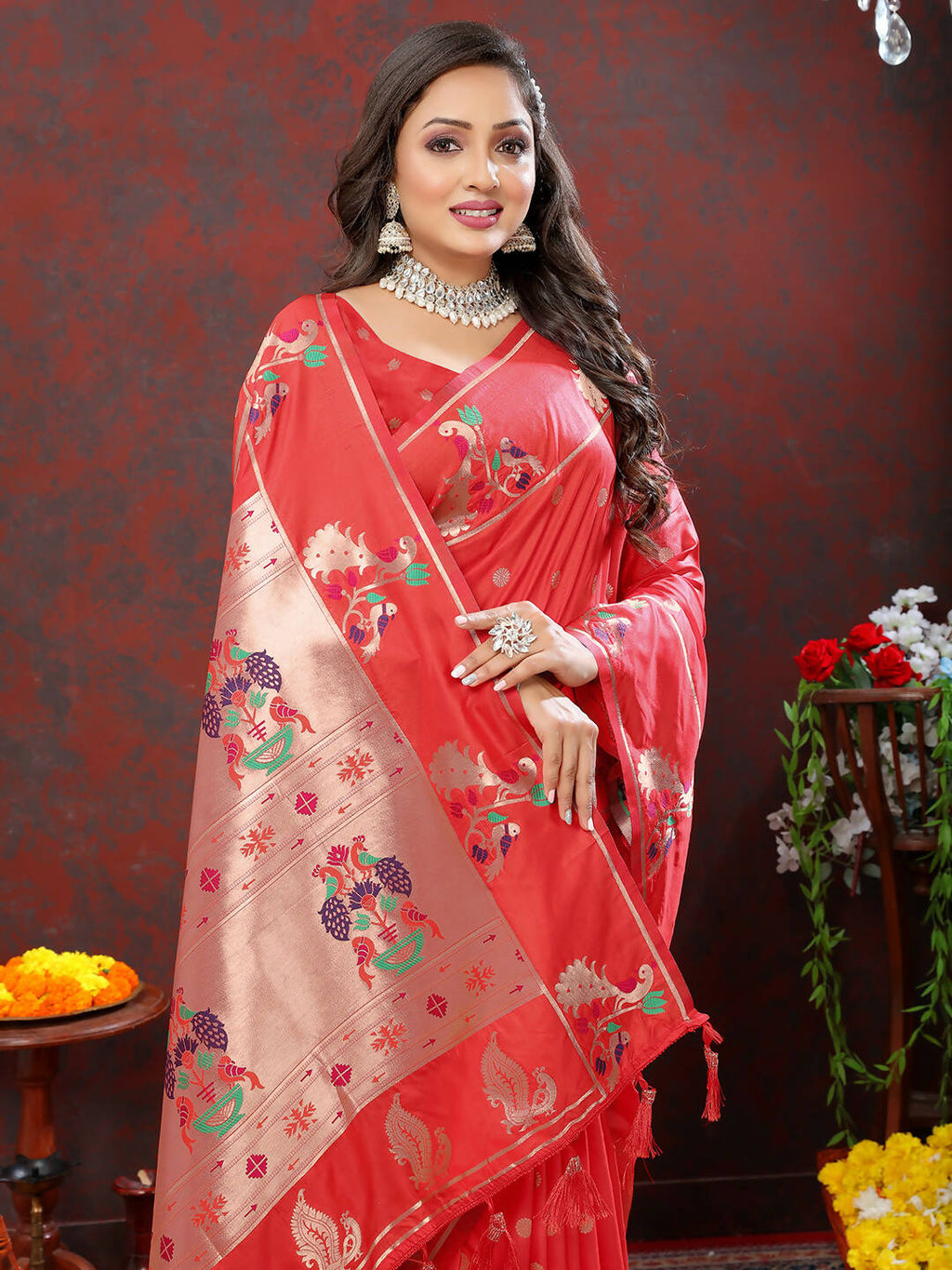 Red Soft Paithani Silk Saree with Copper Zari Meenakari