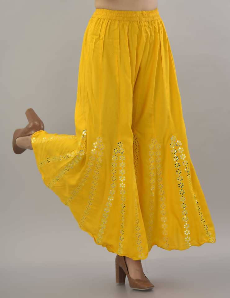 Women's Yellow Mirror Work Palazzo Pants - Bohemian Wide Leg