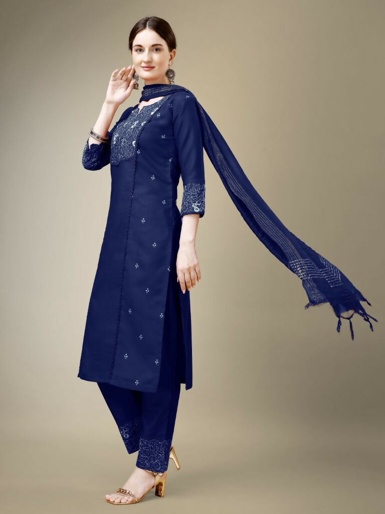 Women's Navy Blue Straight Kurta Set with Embroidery & Lace Work