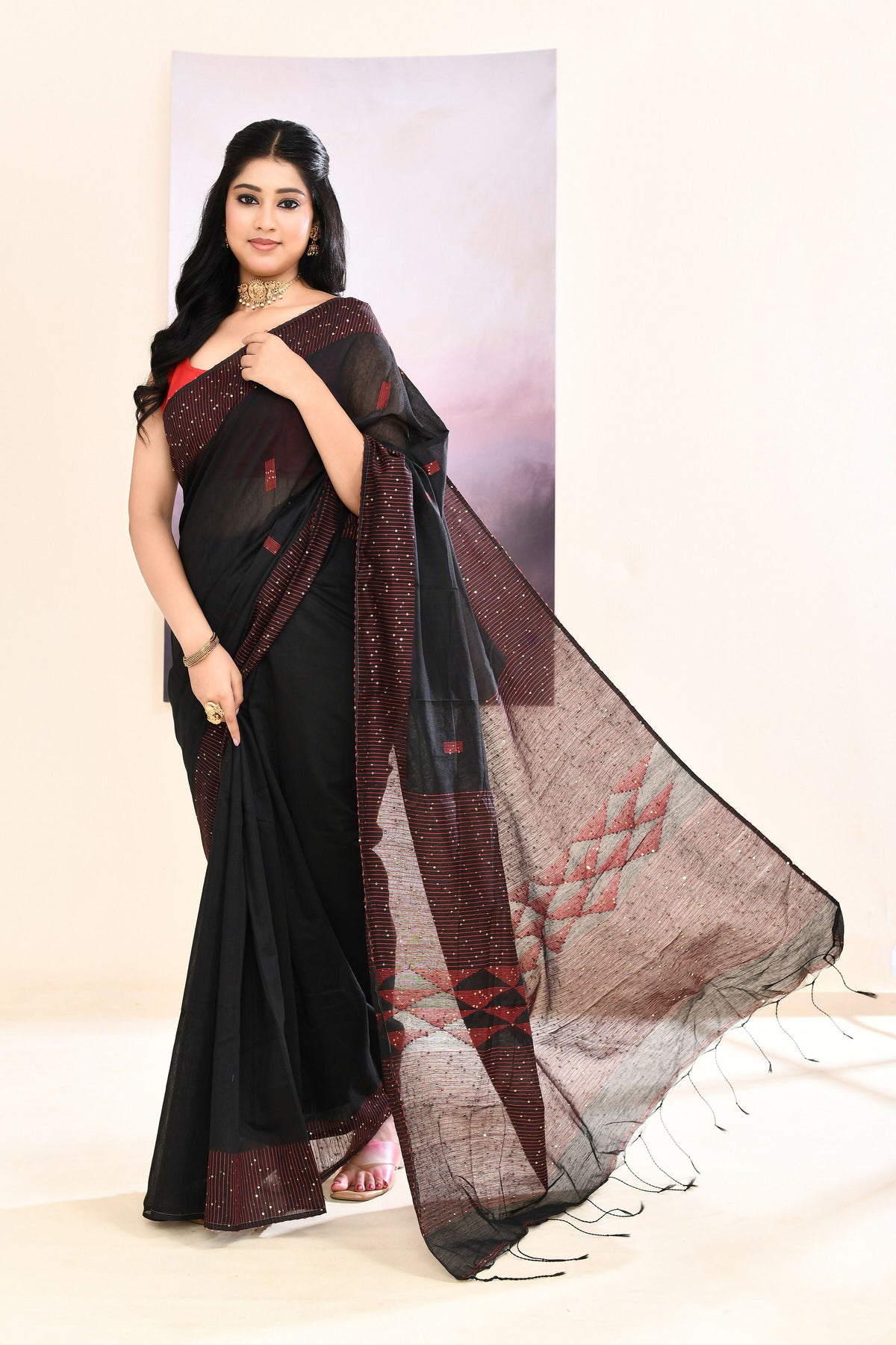 Black Jamdani Cotton Blend Saree with Sequins