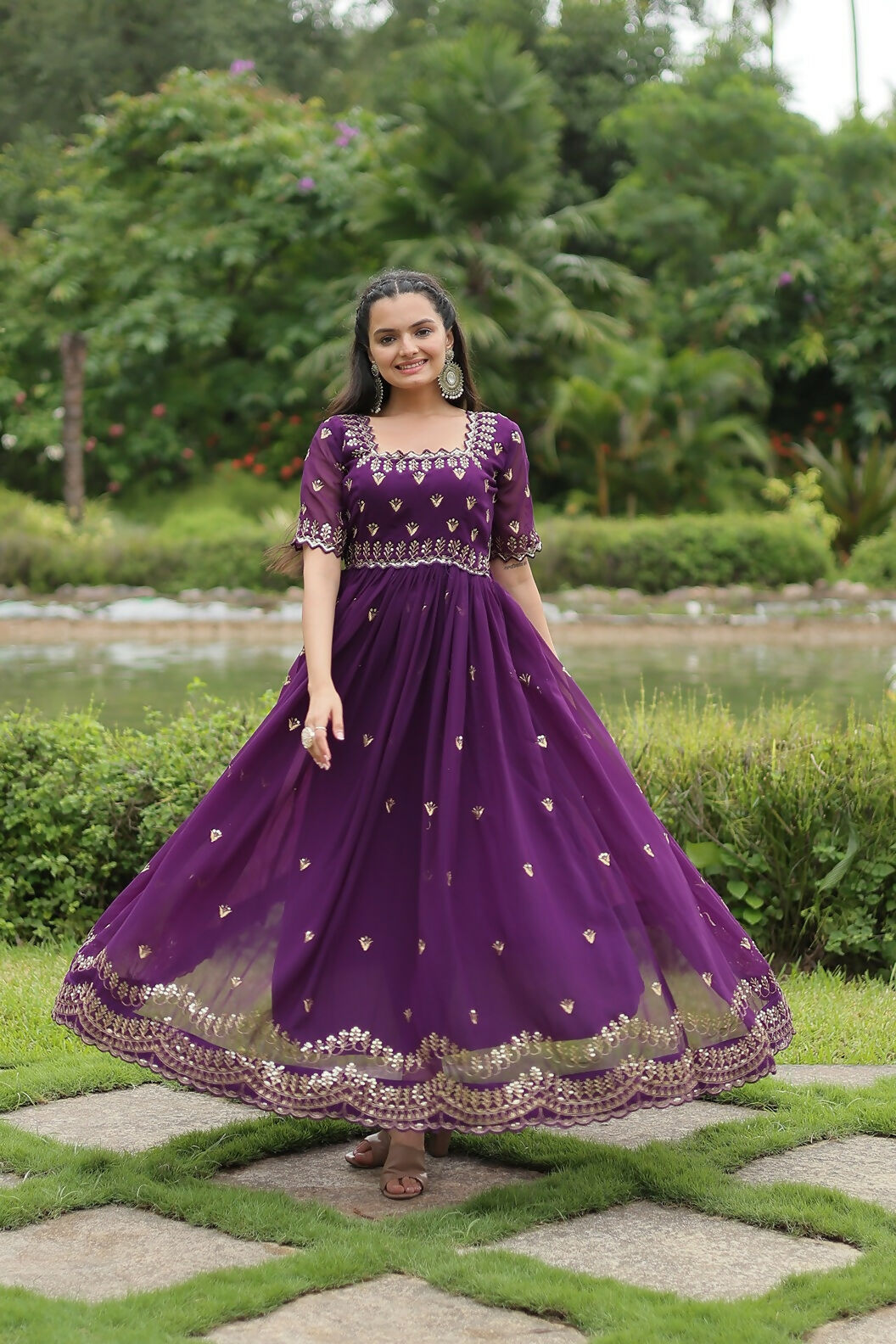 Purple Georgette Gown with Sequence Embroidery Work