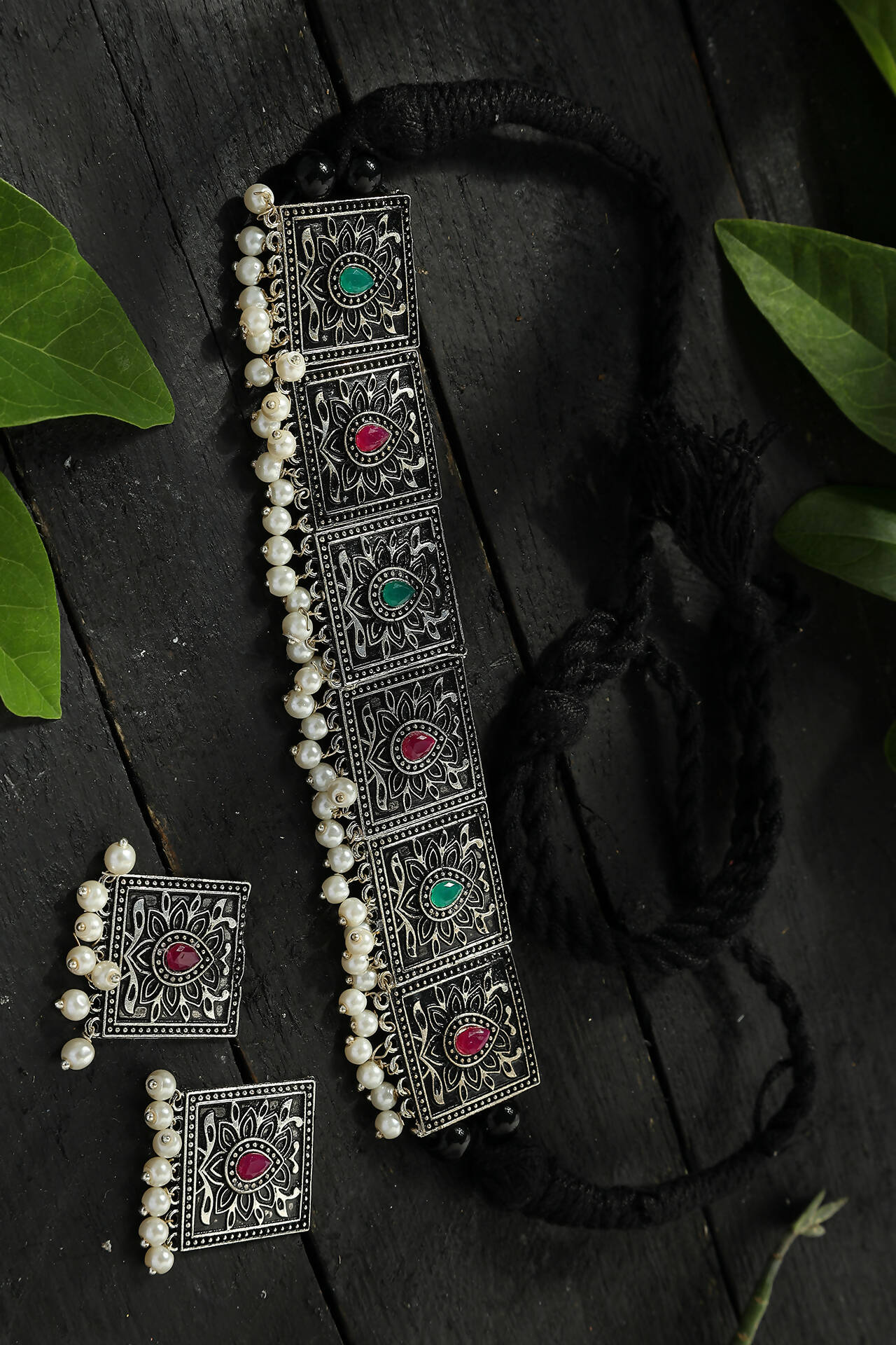 Multi-color Kundan and pearl choker with oxidised silver-plated brass finish