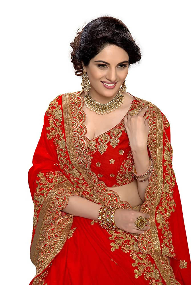 Red Silk Satin Saree with Heavy Embroidery and Blouse