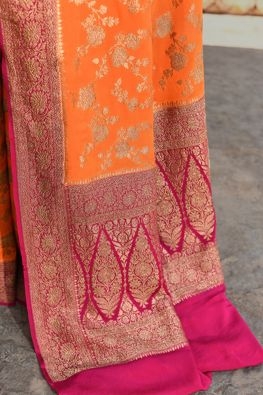 Orange Crepe Chiffon Pure Handloom Banarasi Silk Saree