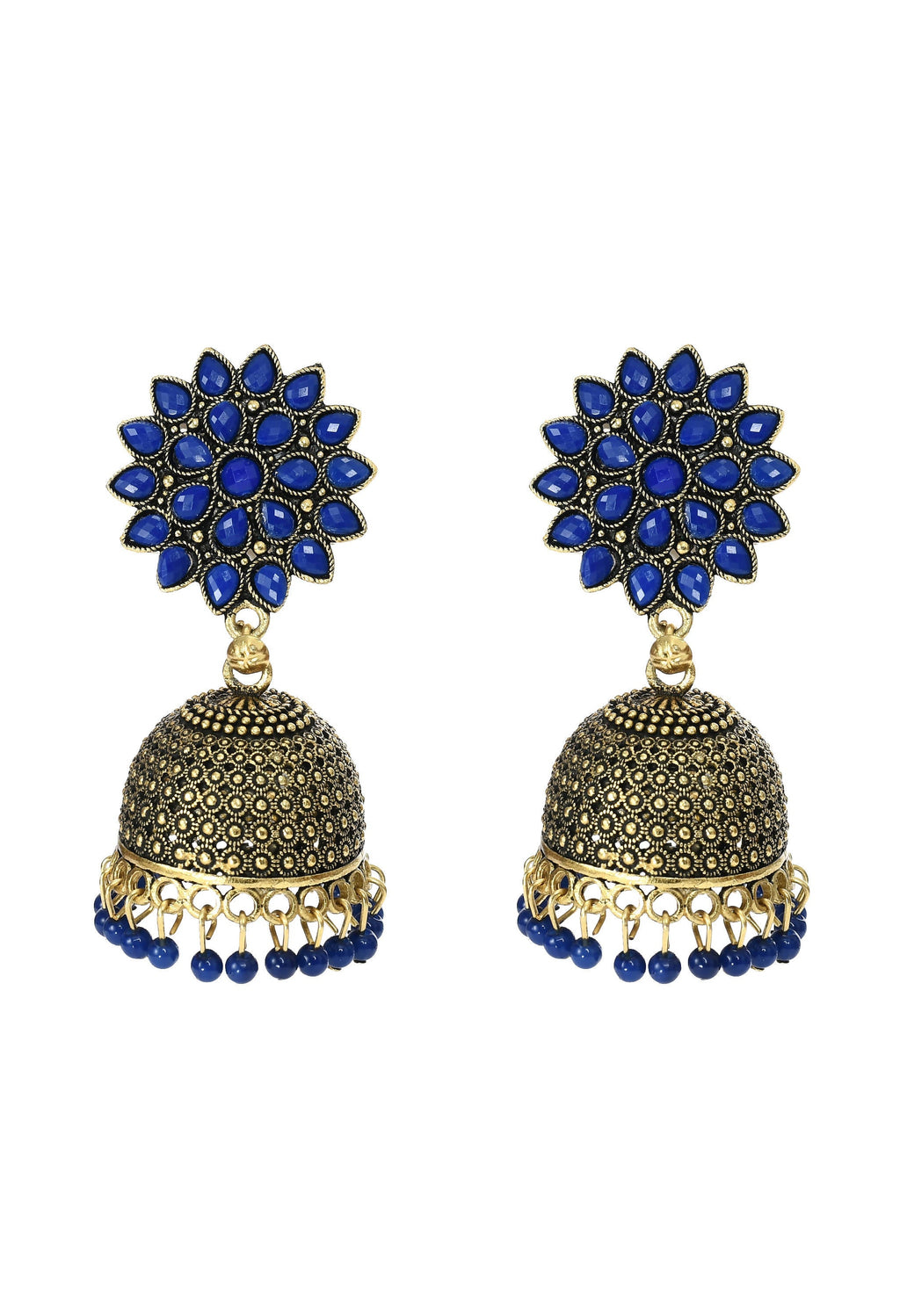 A pair of traditional Kundan Jhumka earrings featuring beautiful blue beads.