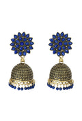 A pair of traditional Kundan Jhumka earrings featuring beautiful blue beads.