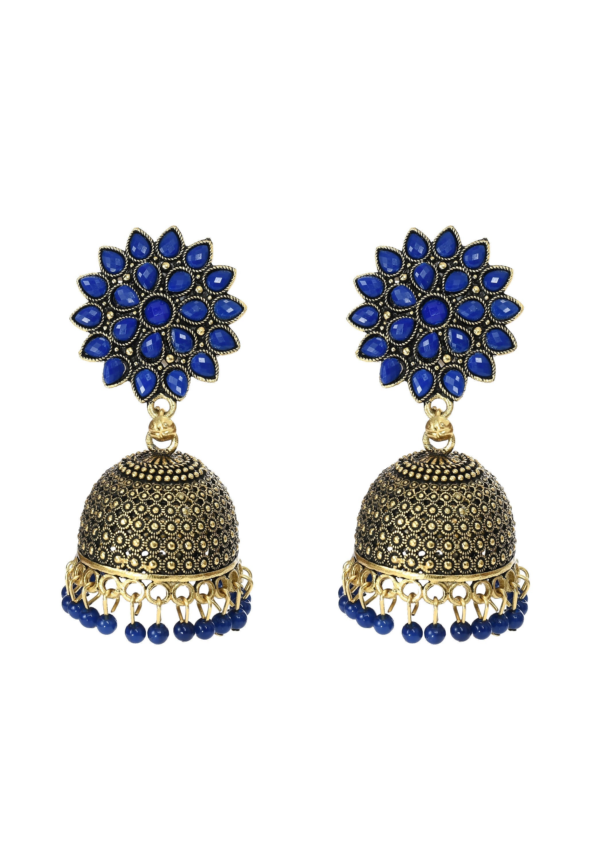 A pair of traditional Kundan Jhumka earrings featuring beautiful blue beads.