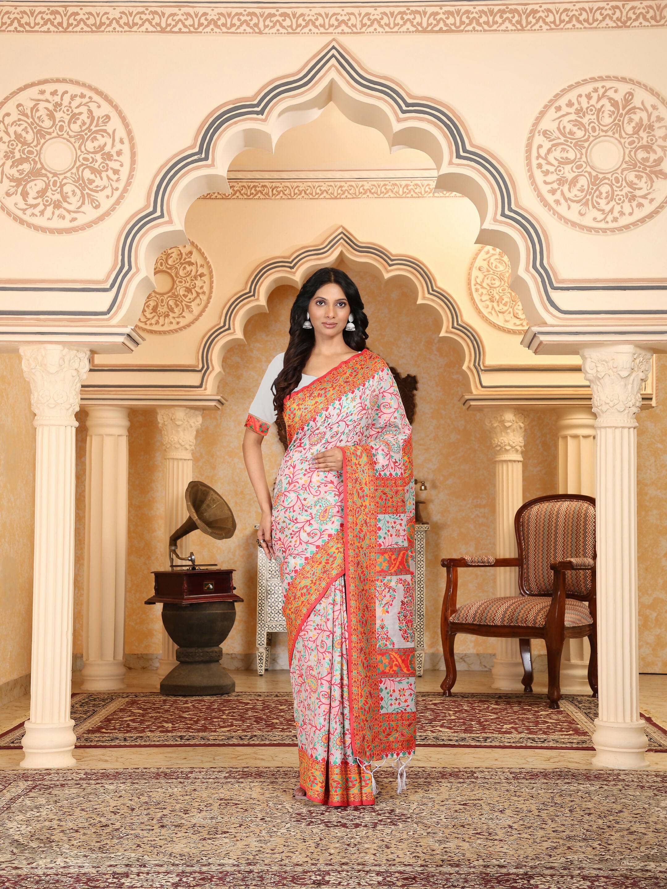 Multicolour Linen Cotton Woven Saree in White Orange and Teal
