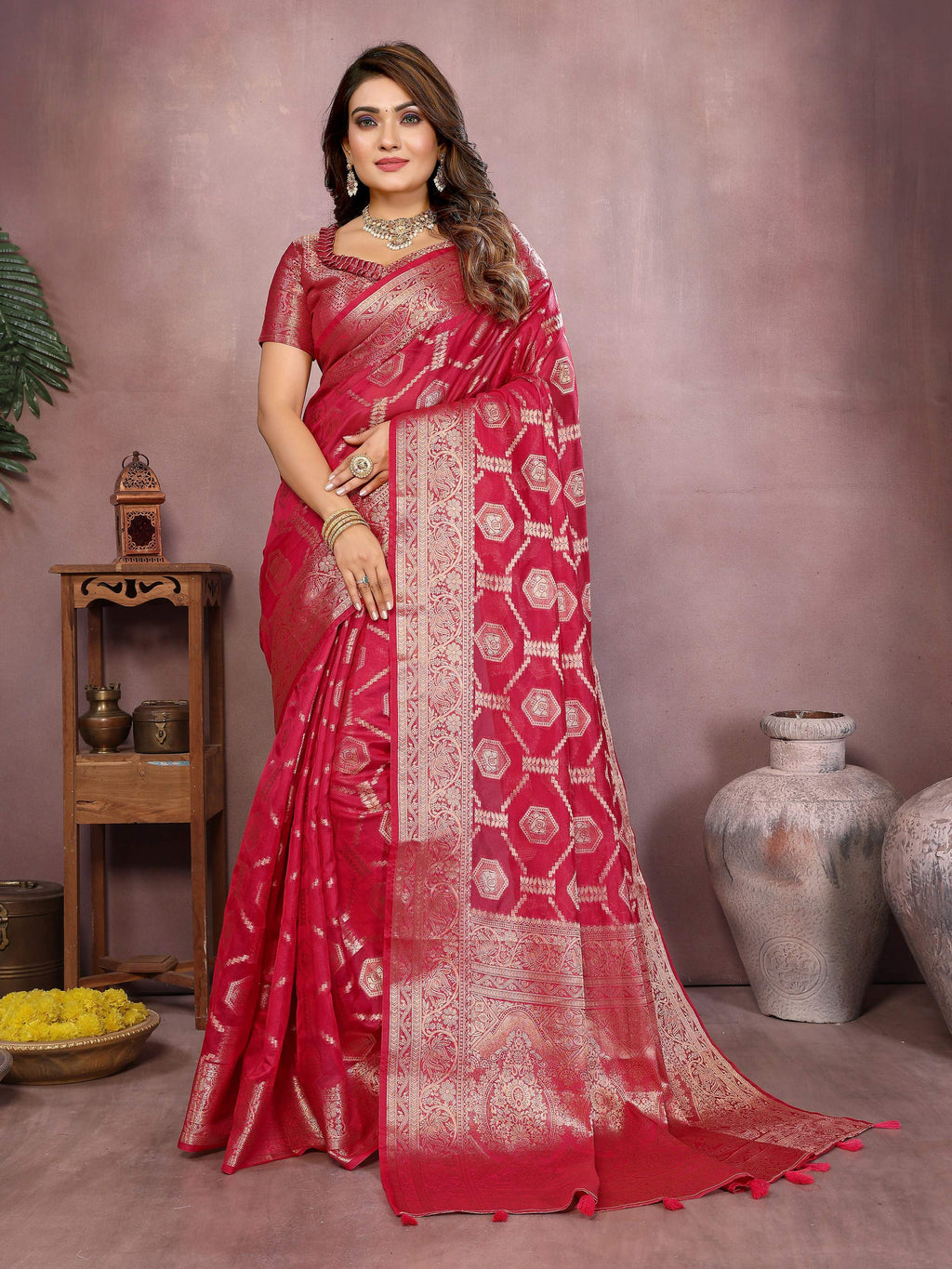 Magenta Soft Organza Silk saree with fine woven detailing
