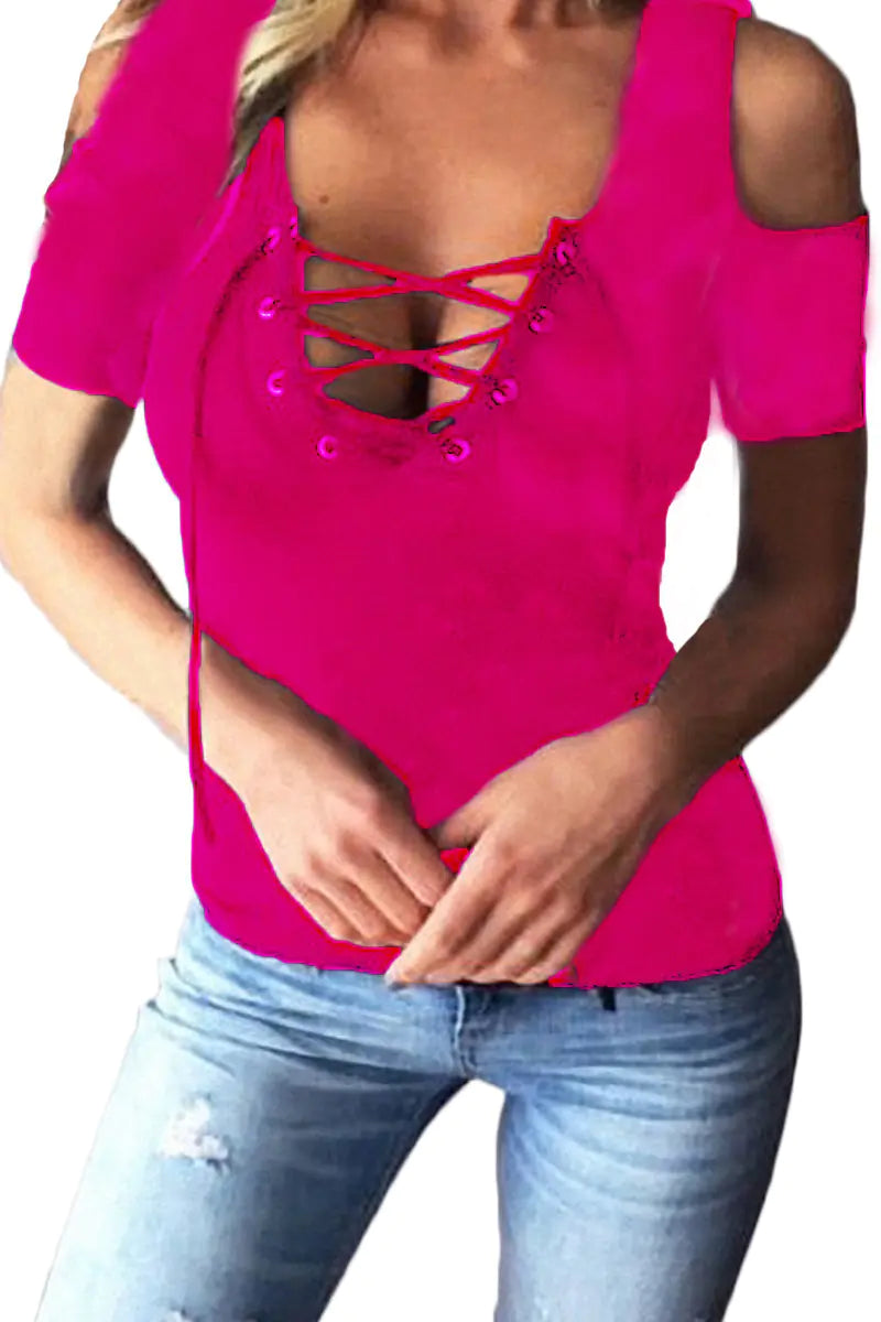 Women's Black Off-Shoulder Short Sleeve Lace Up Front Top - Image 10
