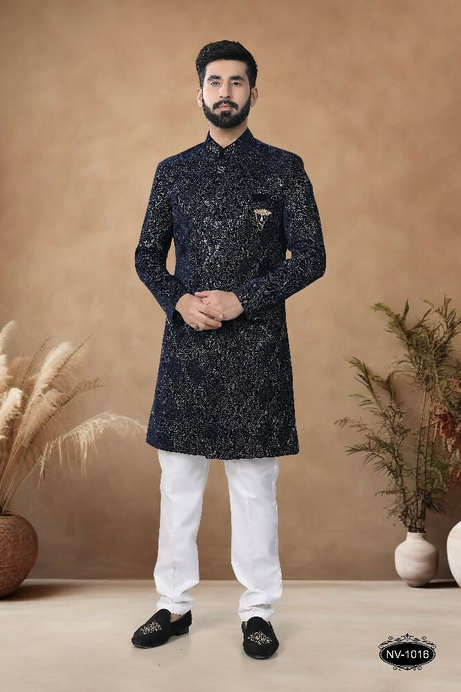 Men's blue velvet Indo-Western kurta set with detailed thread and sequence embroidery