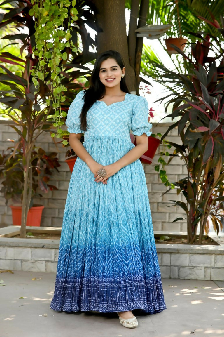 Sky blue and dark blue Bandhej print muslin Anarkali dress