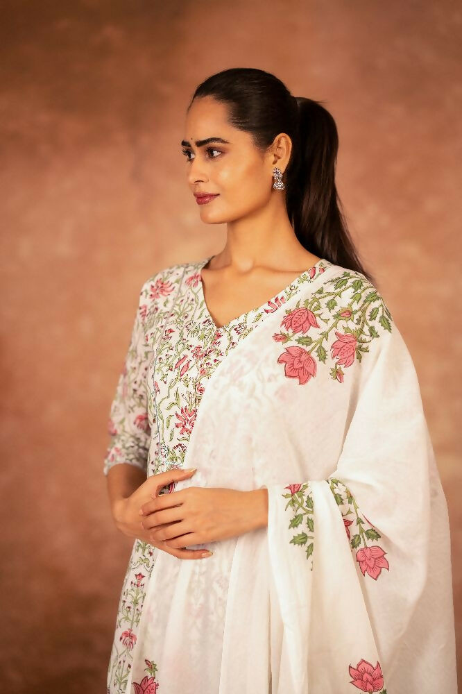 Green & Pink Hand Block Printed Cotton Suit Set for Women
