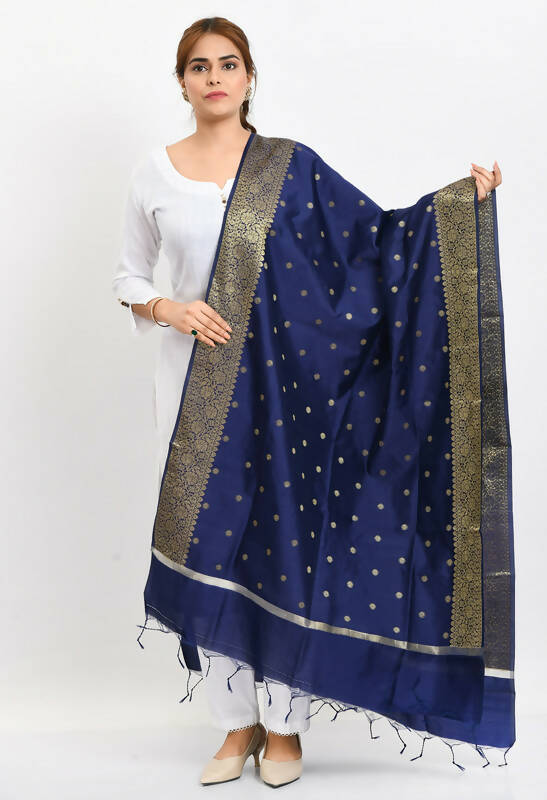 Navy blue Banarasi silk dupatta with intricate woven traditional design