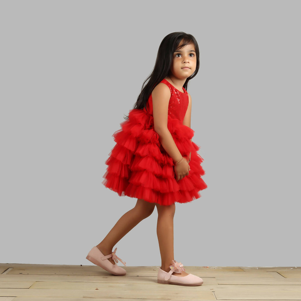 Red Sequin Bodice Party Dress with Flared Frill Bottom