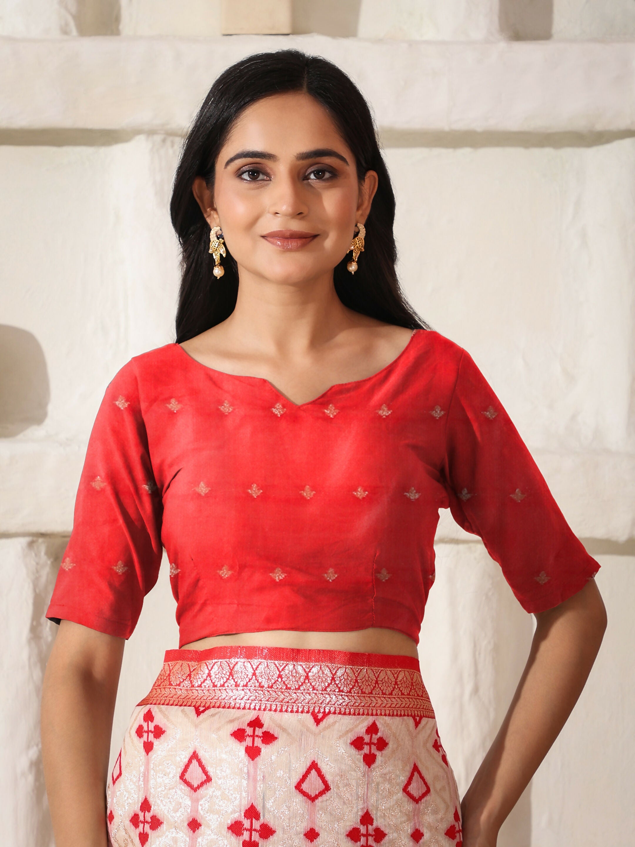 Red and White Linen Cotton Saree with Matching Blouse