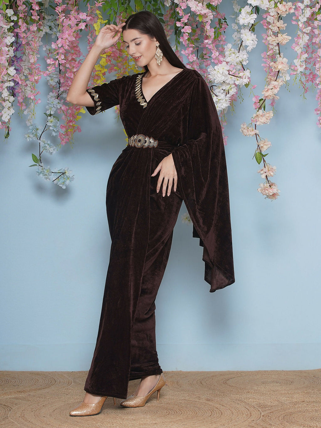 Brown Velvet Hand Embellished Gown With Drape and Belt