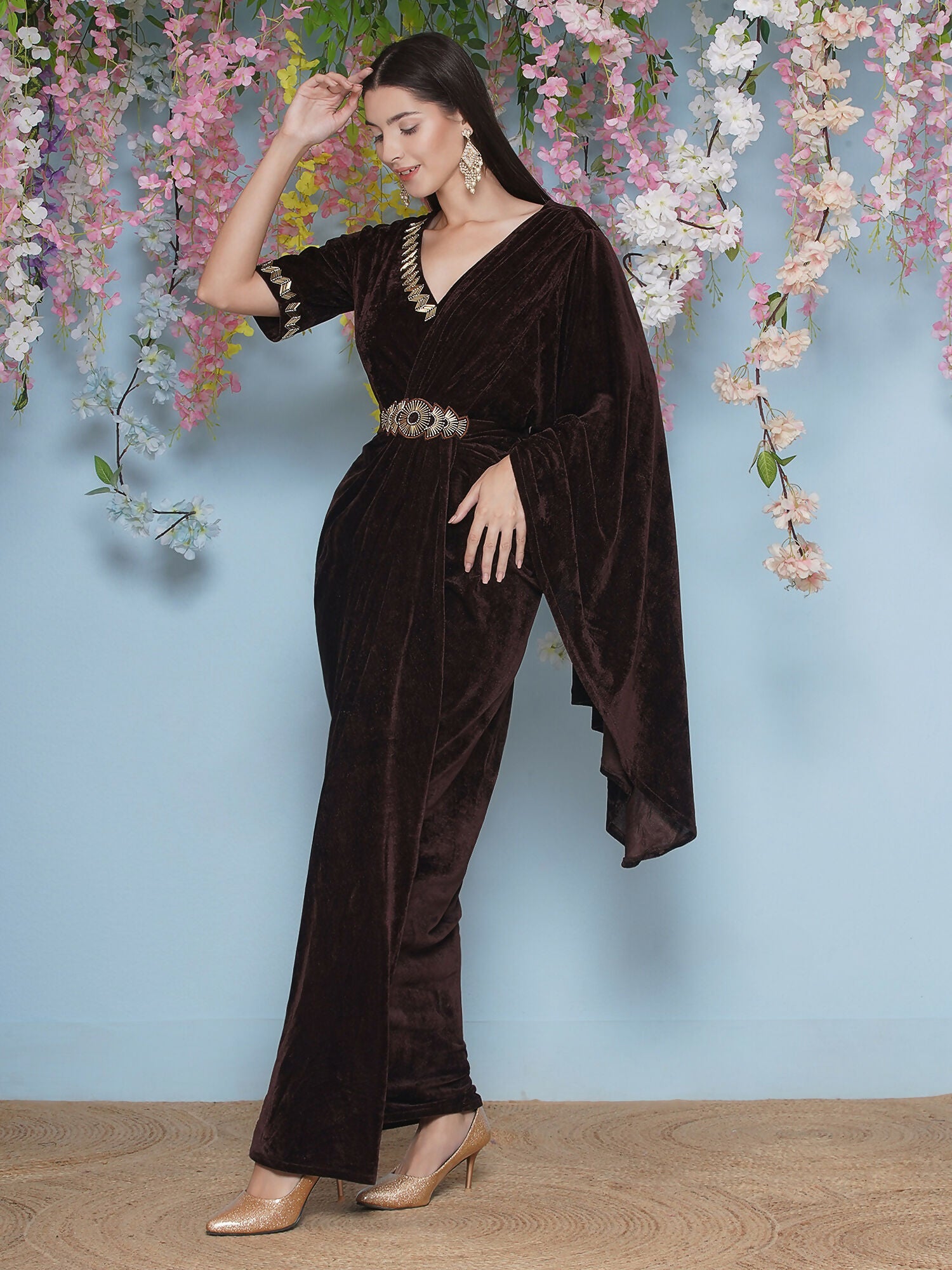 Brown Velvet Hand Embellished Gown With Drape and Belt