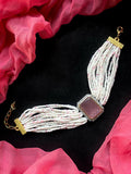 Onion pink Monalisa stone beaded bracelet with brass and AD accents