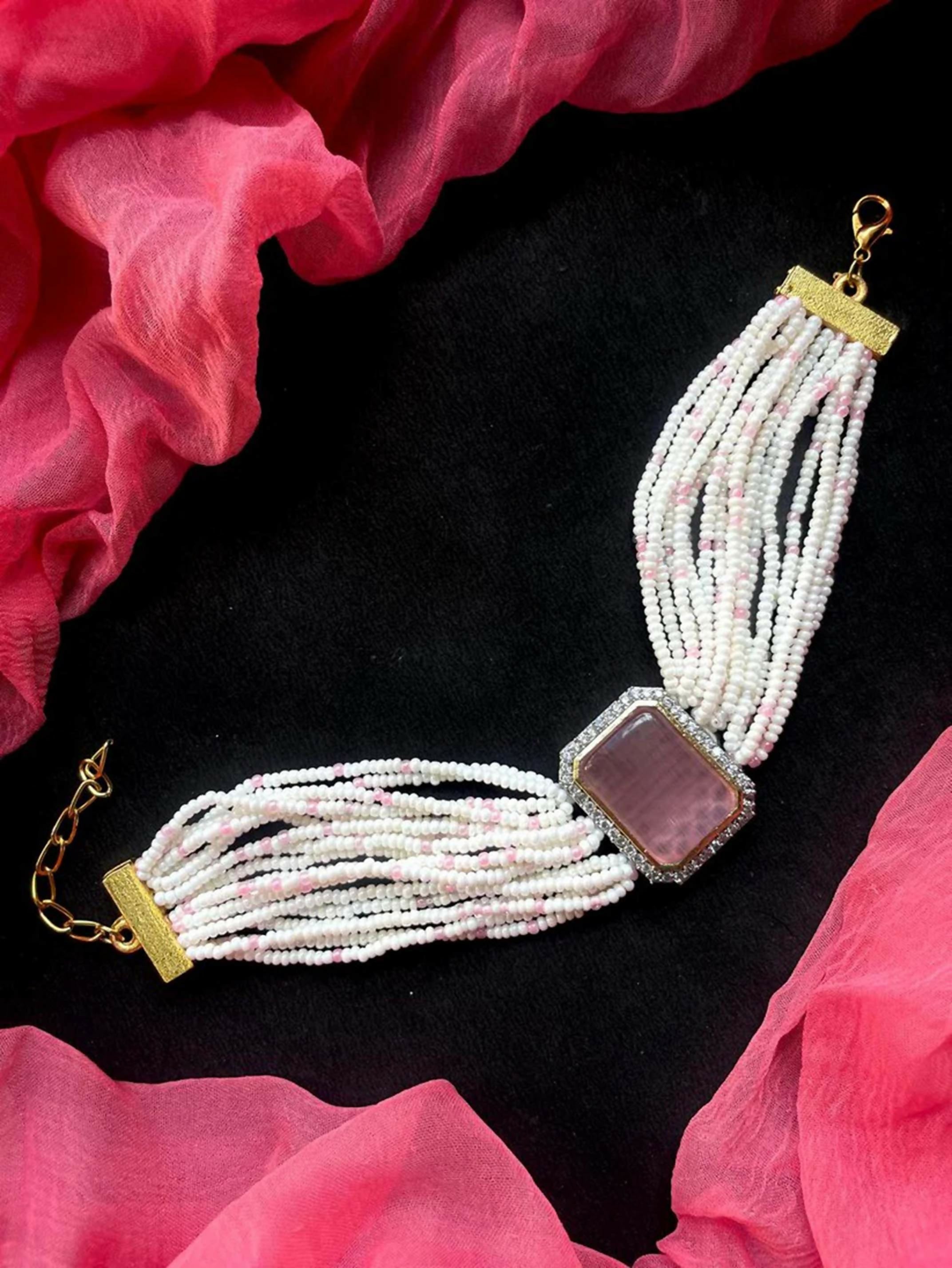Onion pink Monalisa stone beaded bracelet with brass and AD accents