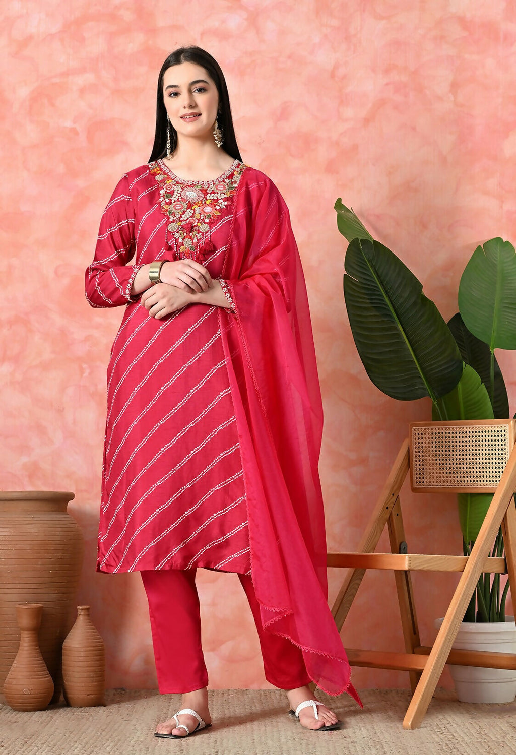 Rani Premium Pure Viscose Dola Silk Printed Kurta Set with Handwork