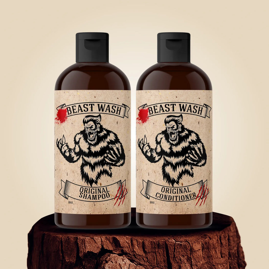 Beast Wash hair cleaning kit with two 16oz bottles of organic shampoo and conditioner on a tree stump