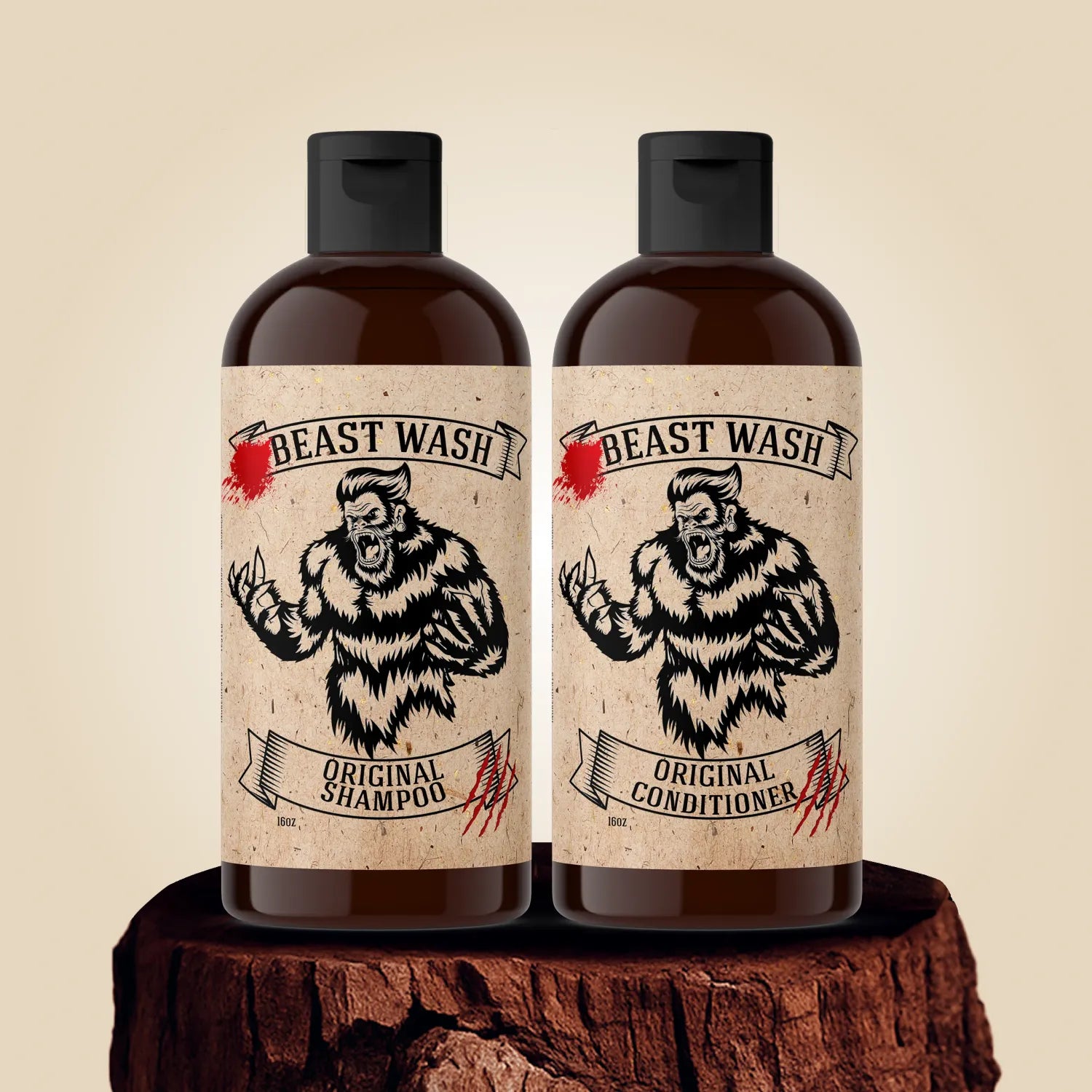 Beast Wash hair cleaning kit with two 16oz bottles of organic shampoo and conditioner on a tree stump