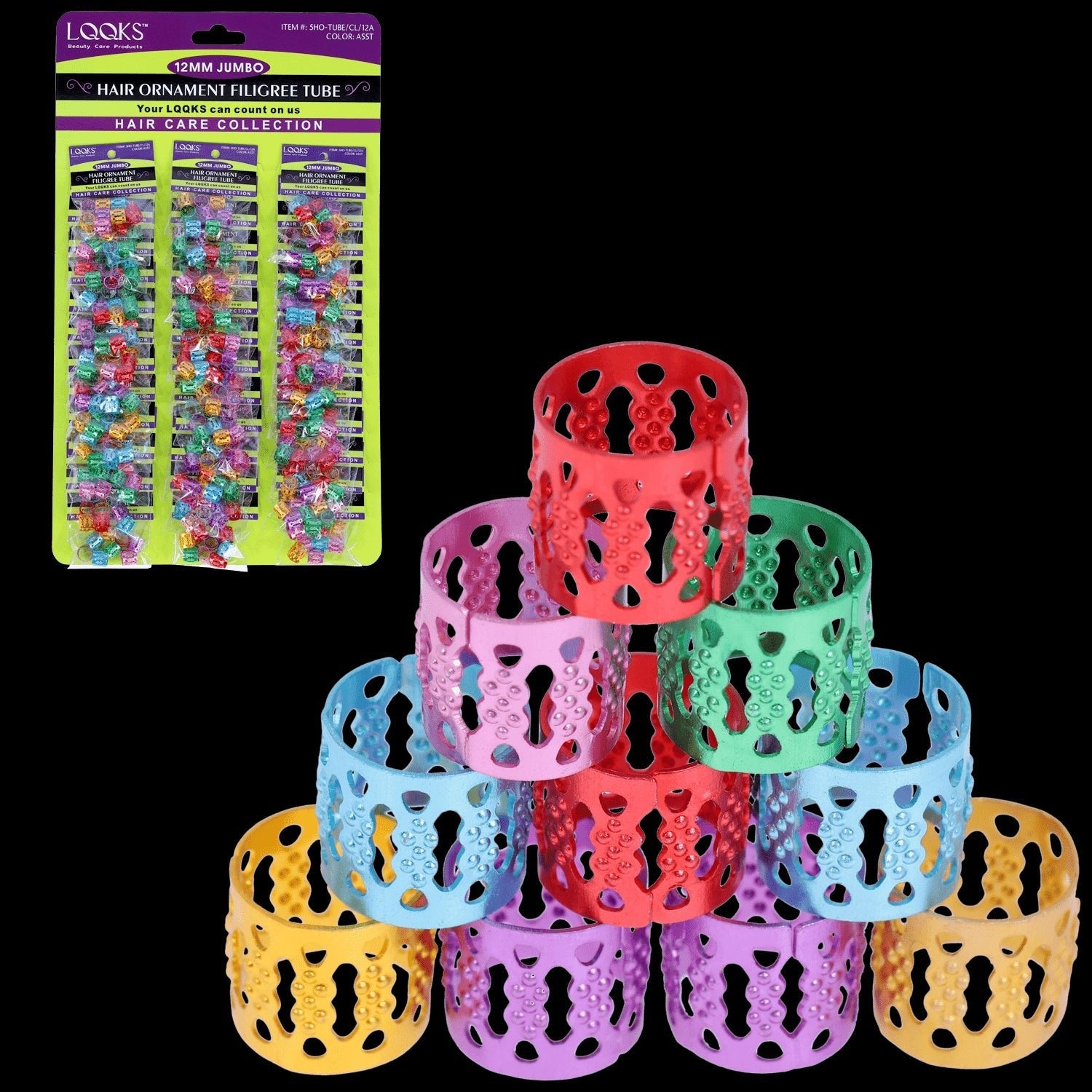 Assorted 12mm jumbo filigree tube hair ornaments in red, pink, green, blue, yellow, and purple