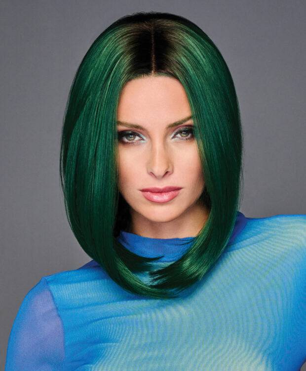 Hairdo Green IRL Wig featuring an emerald color, lace front hairline, and center monofilament part.
