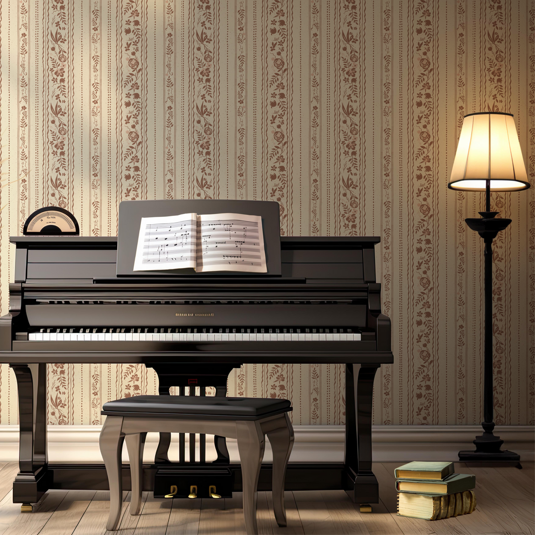 Traditional striped Hallam wallpaper in muted beige and brown tones