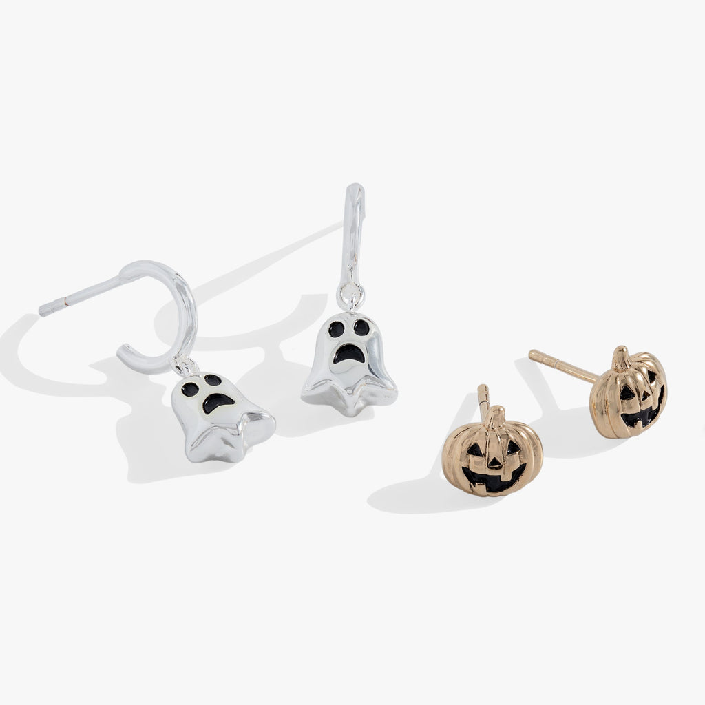 Alex And Ani gold jack-o-lantern studs and silver ghost huggie hoop earrings set