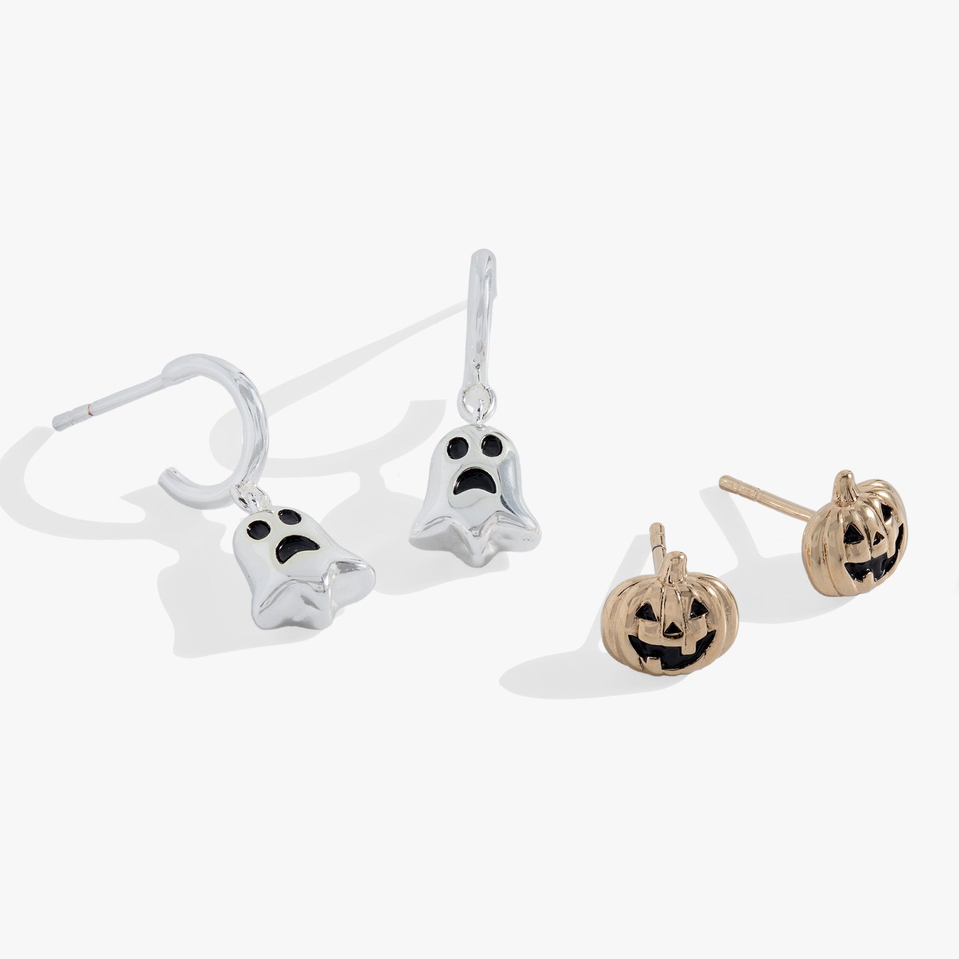 Alex And Ani gold jack-o-lantern studs and silver ghost huggie hoop earrings set
