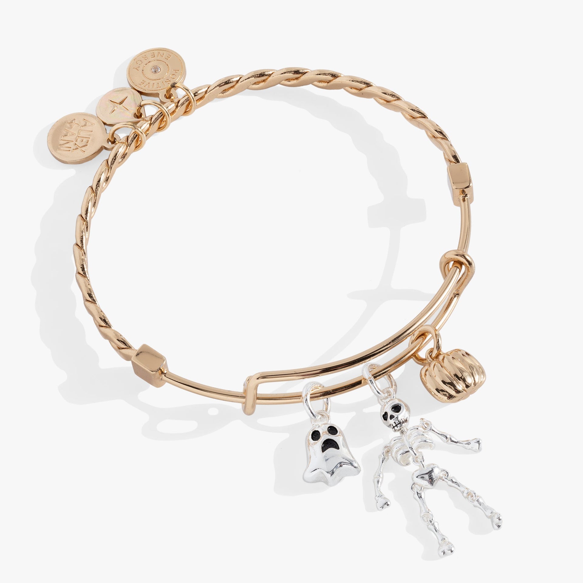 Alex And Ani Halloween charm bangle with silver skeleton, ghost, and gold pumpkin charms.