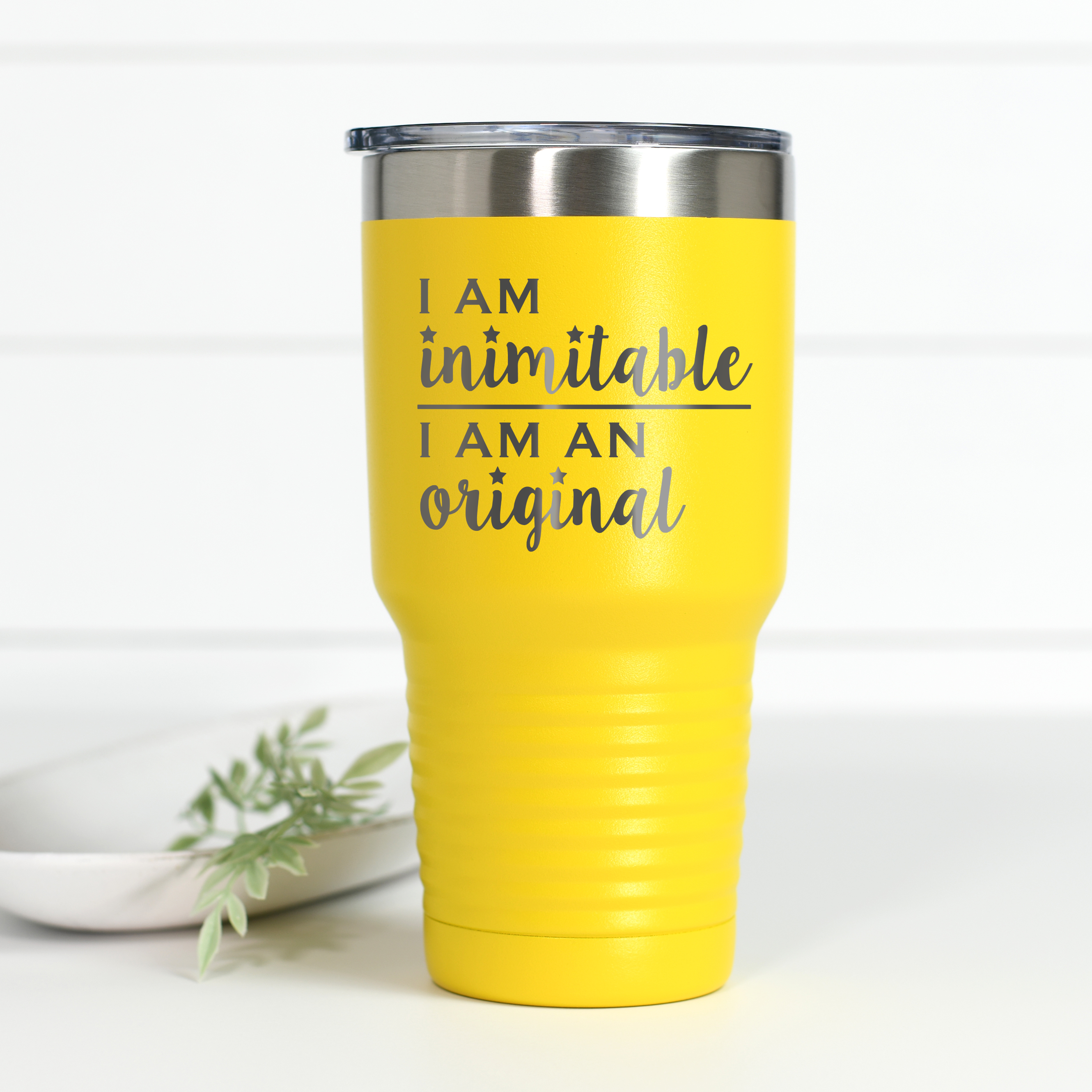 Hamilton I Am Inimitable 30 oz laser engraved stainless steel tumbler available in multiple color options