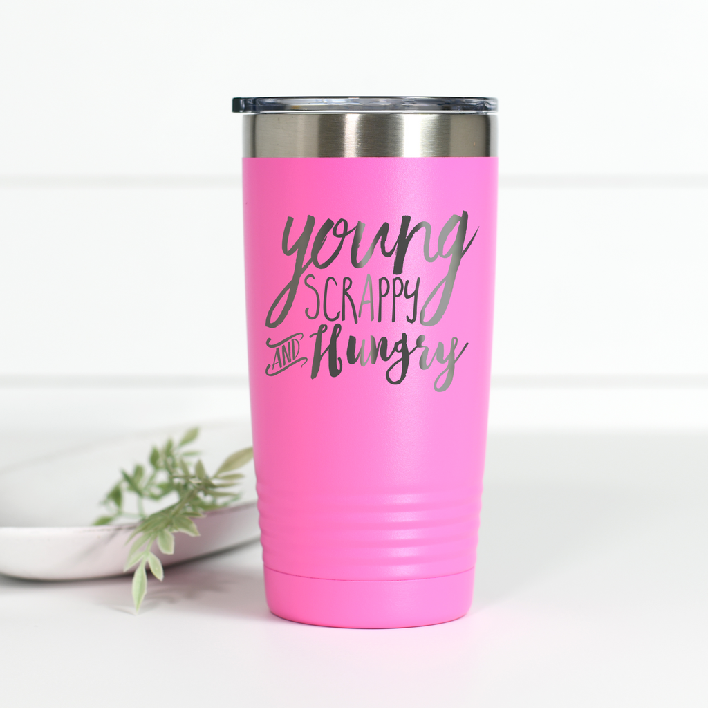 20 oz stainless steel tumbler featuring Hamilton Young Scrappy Hungry laser engraving