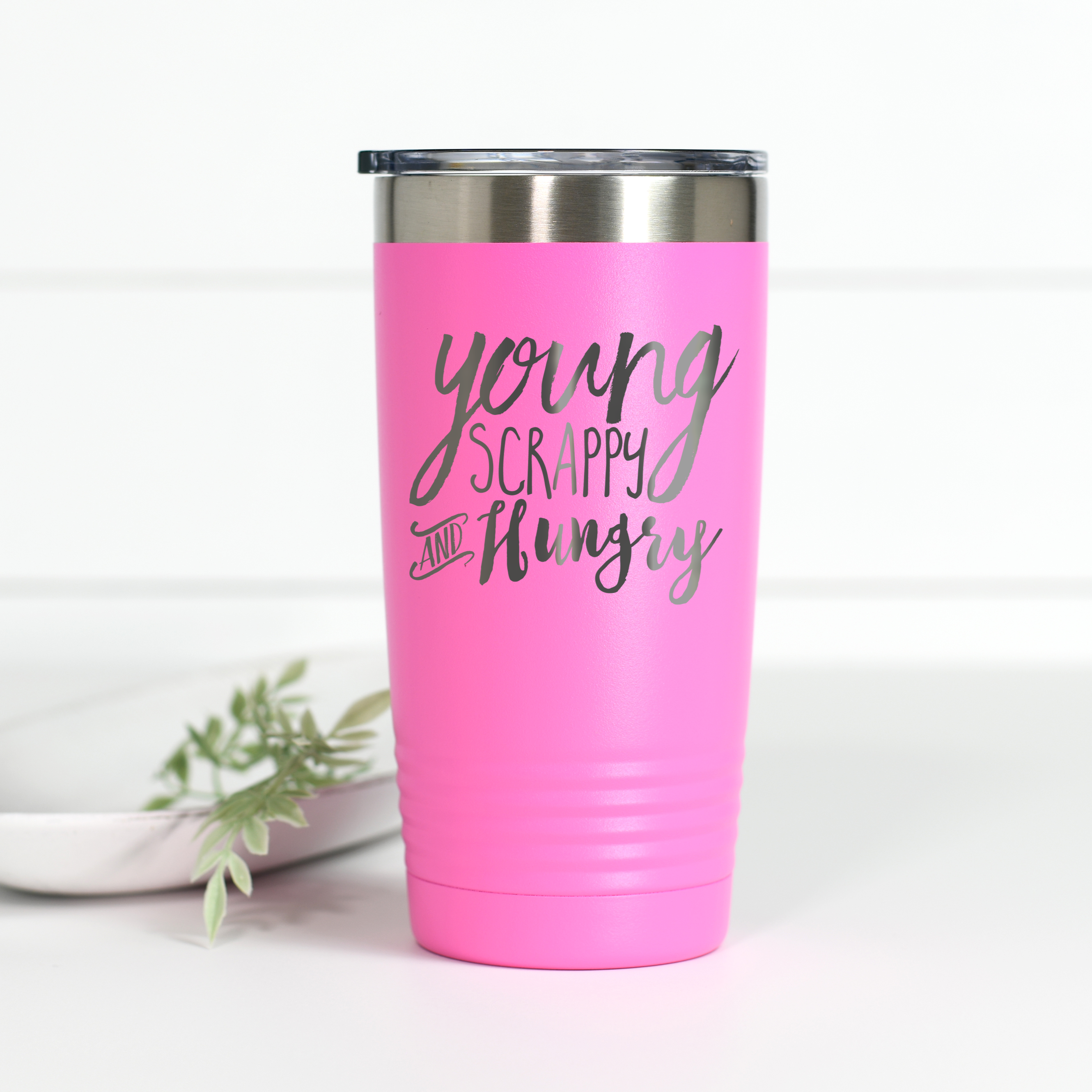 20 oz stainless steel tumbler featuring Hamilton Young Scrappy Hungry laser engraving