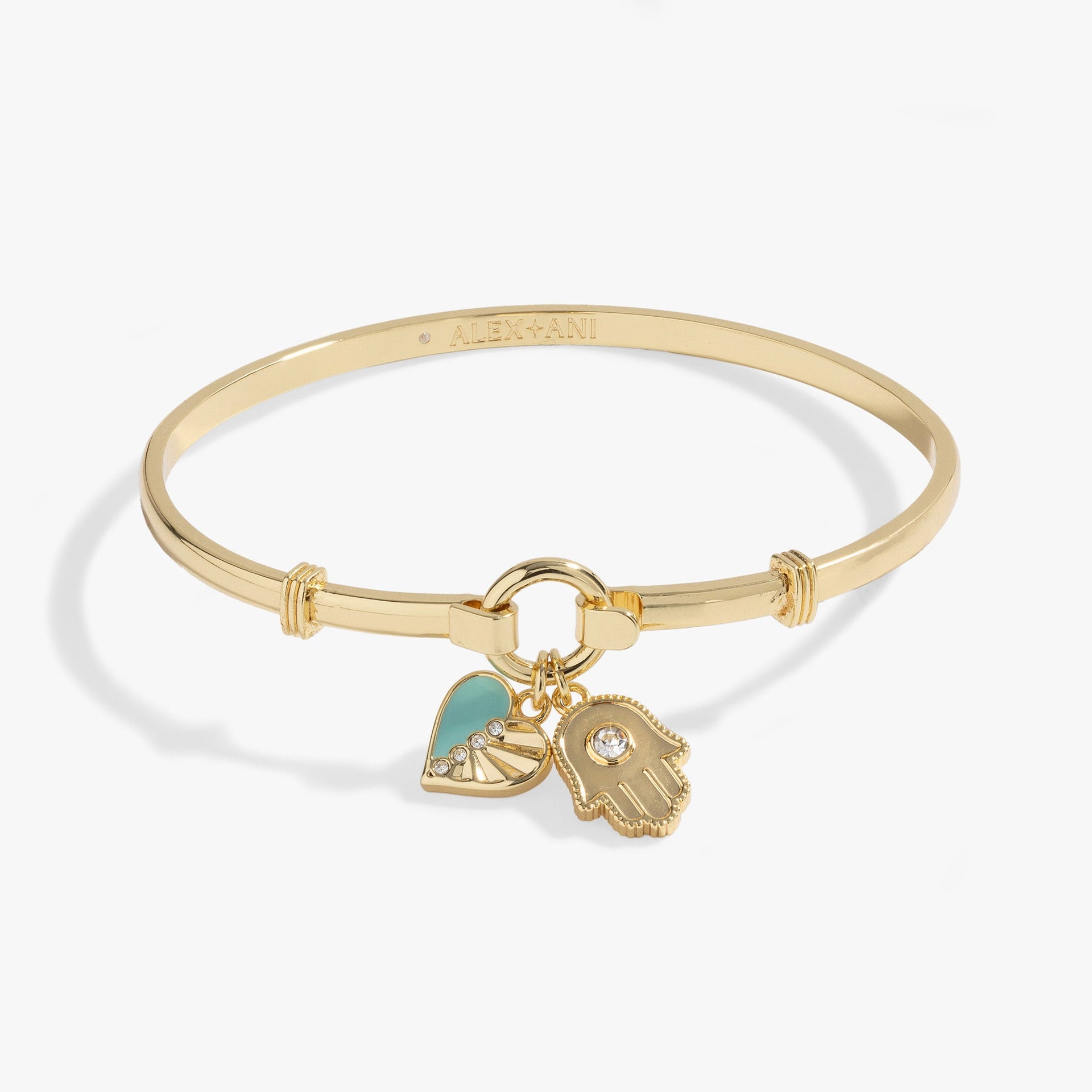 Hamsa and heart bracelet featuring a crystal-centered hamsa hand and a blue epoxy heart charm.