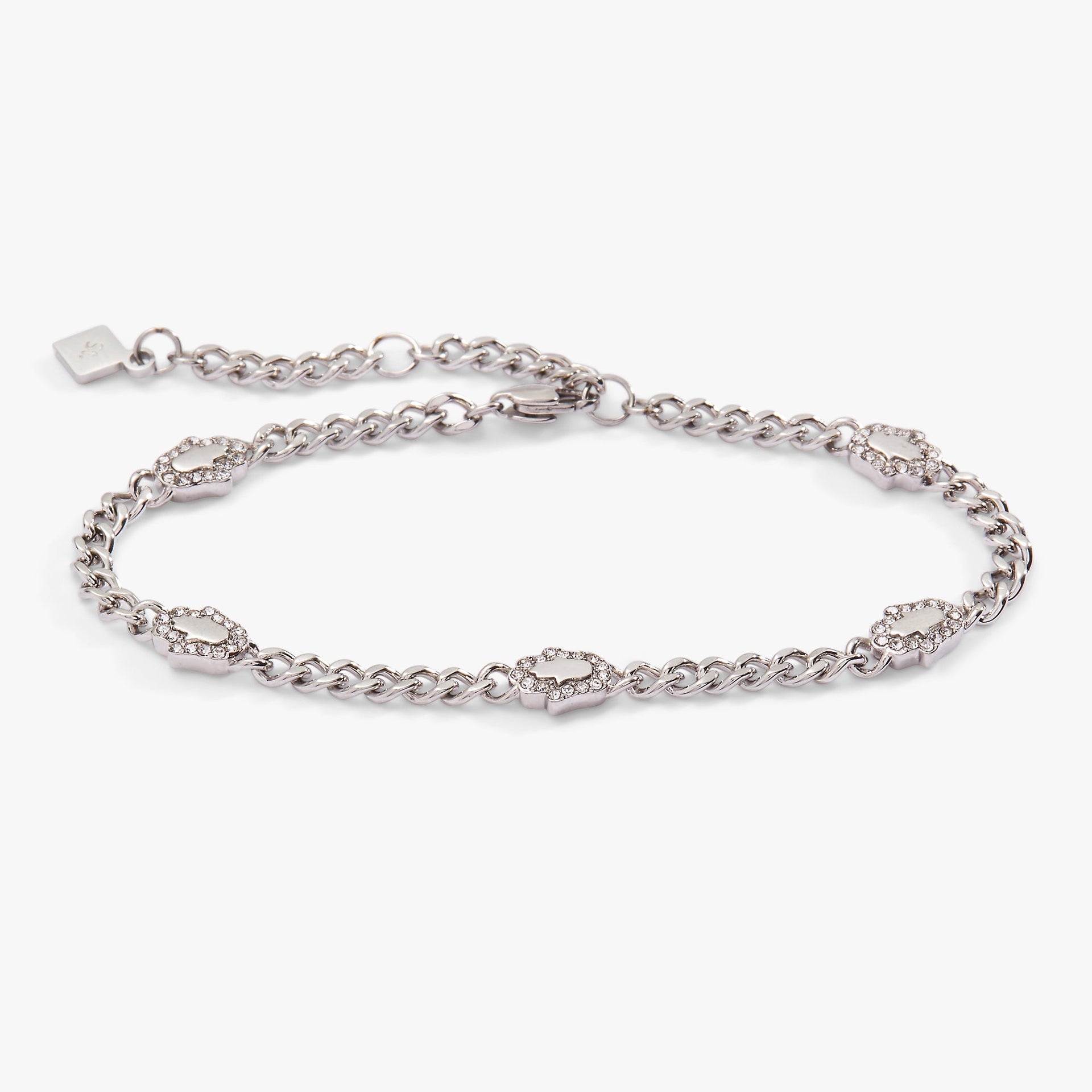 A silver curb chain bracelet featuring five crystal-accented Hamsa hand charms.