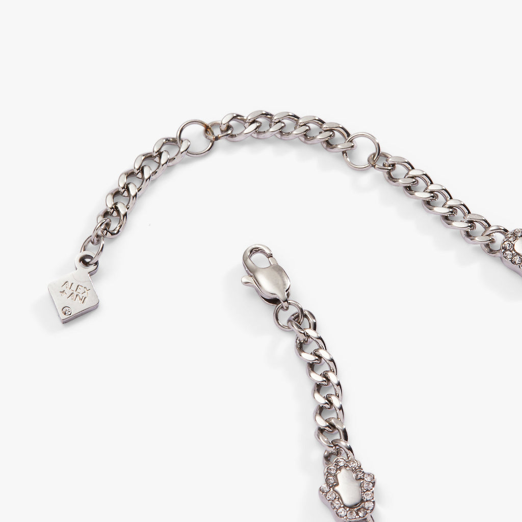 Silver Hamsa Curb Chain Bracelet with Crystal Protection Charms