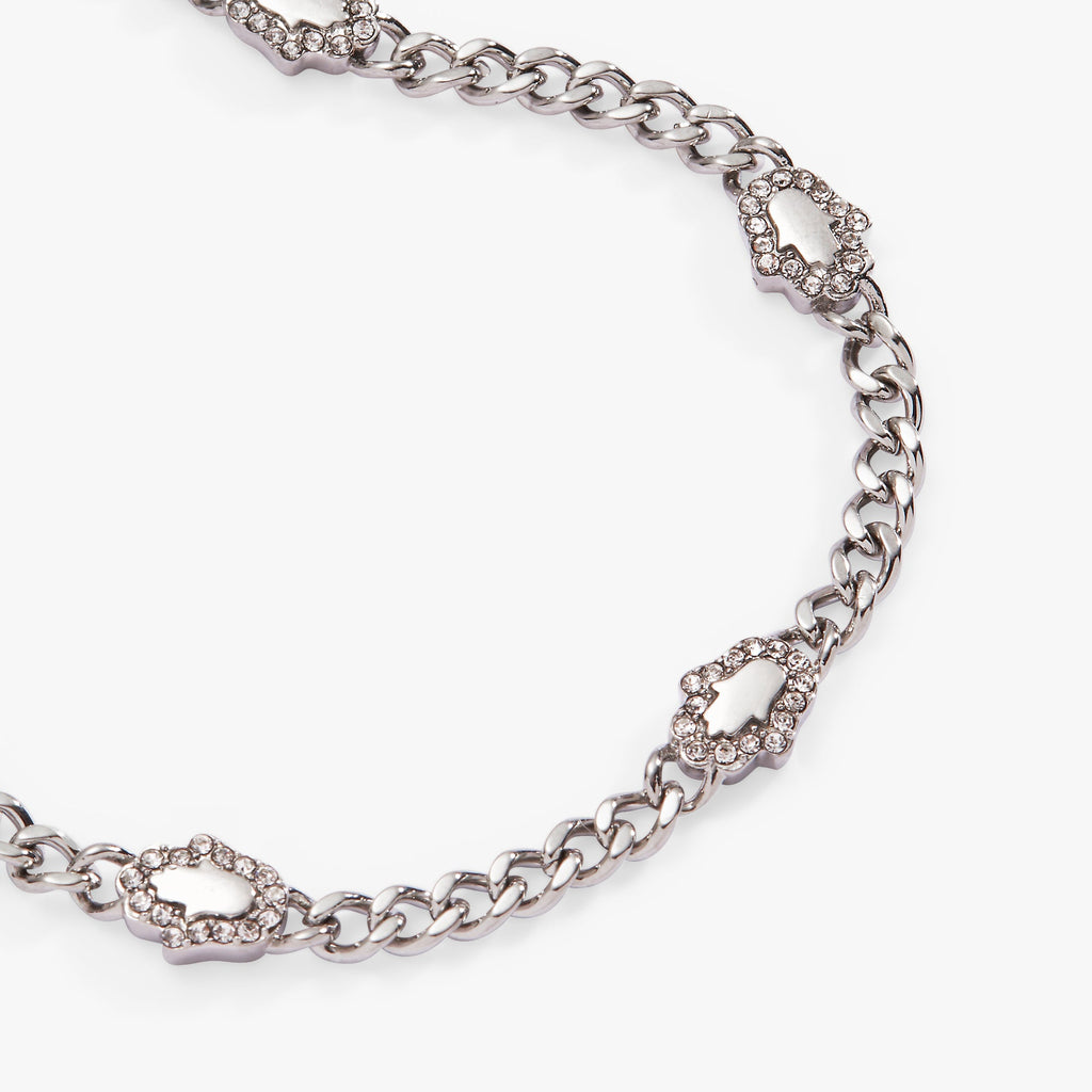 Silver Hamsa Curb Chain Bracelet with Crystal Protection Charms