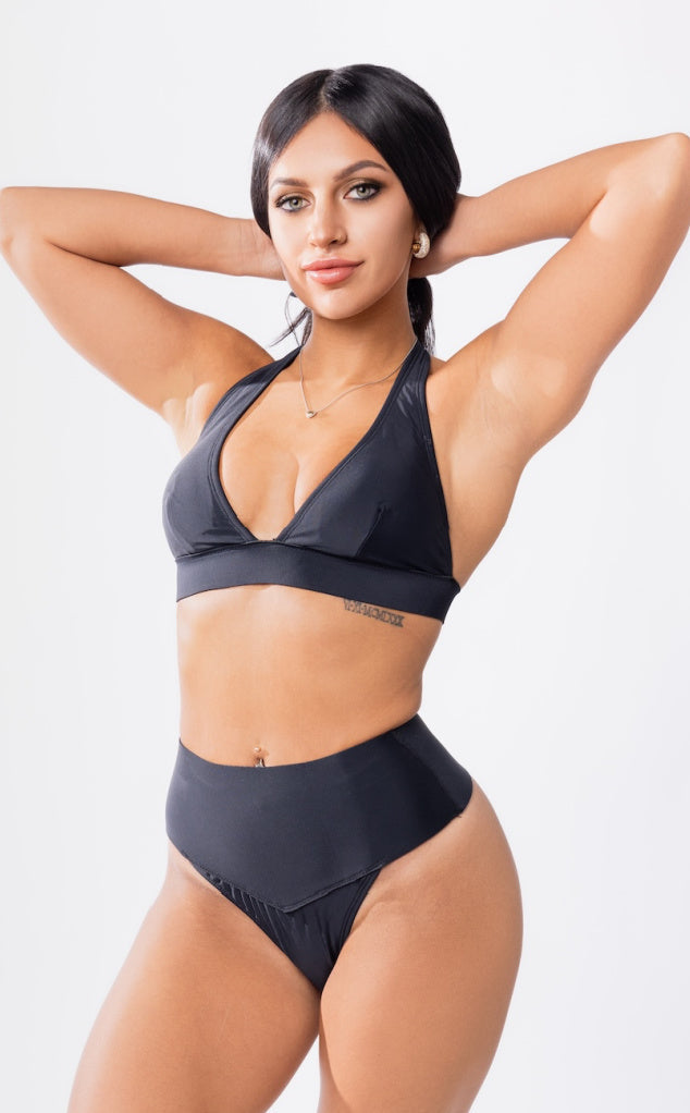 Hanalei Neoprene Halter Bikini Top in Black