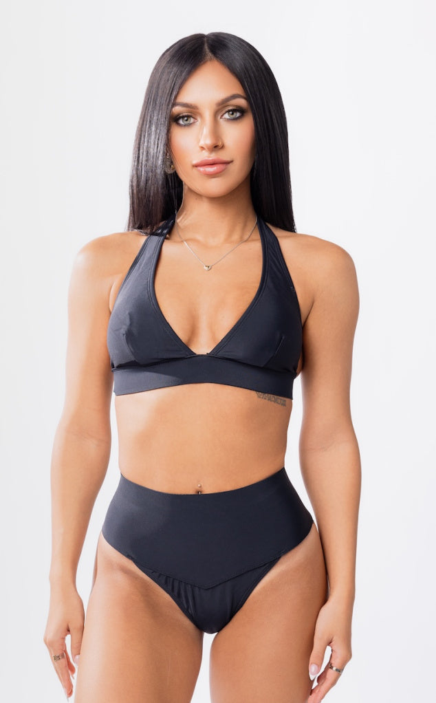 Hanalei black halter bikini top with neoprene chest strap