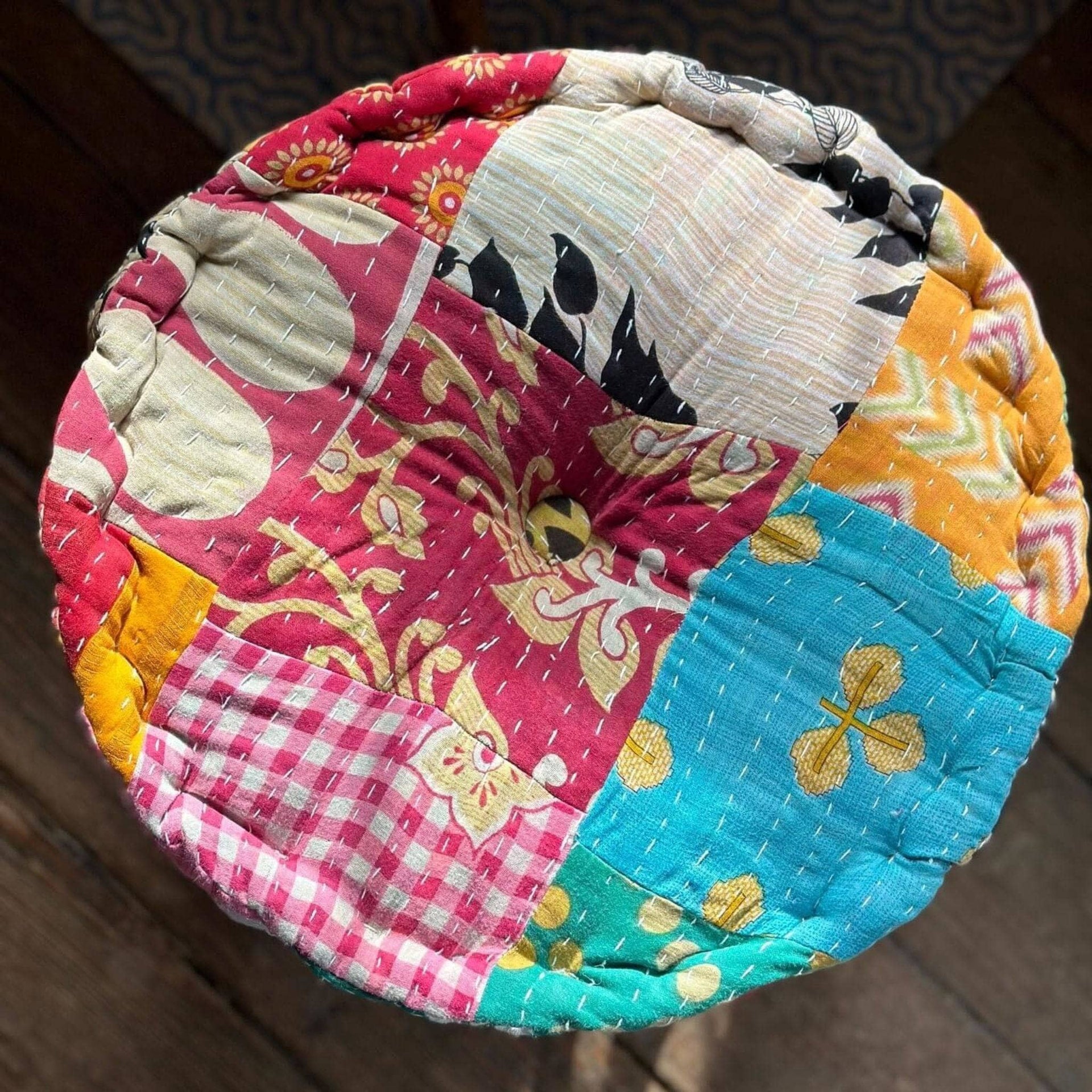Hand Embroidered Boho Floor Pouf, Vibrant Multi-Color Cotton