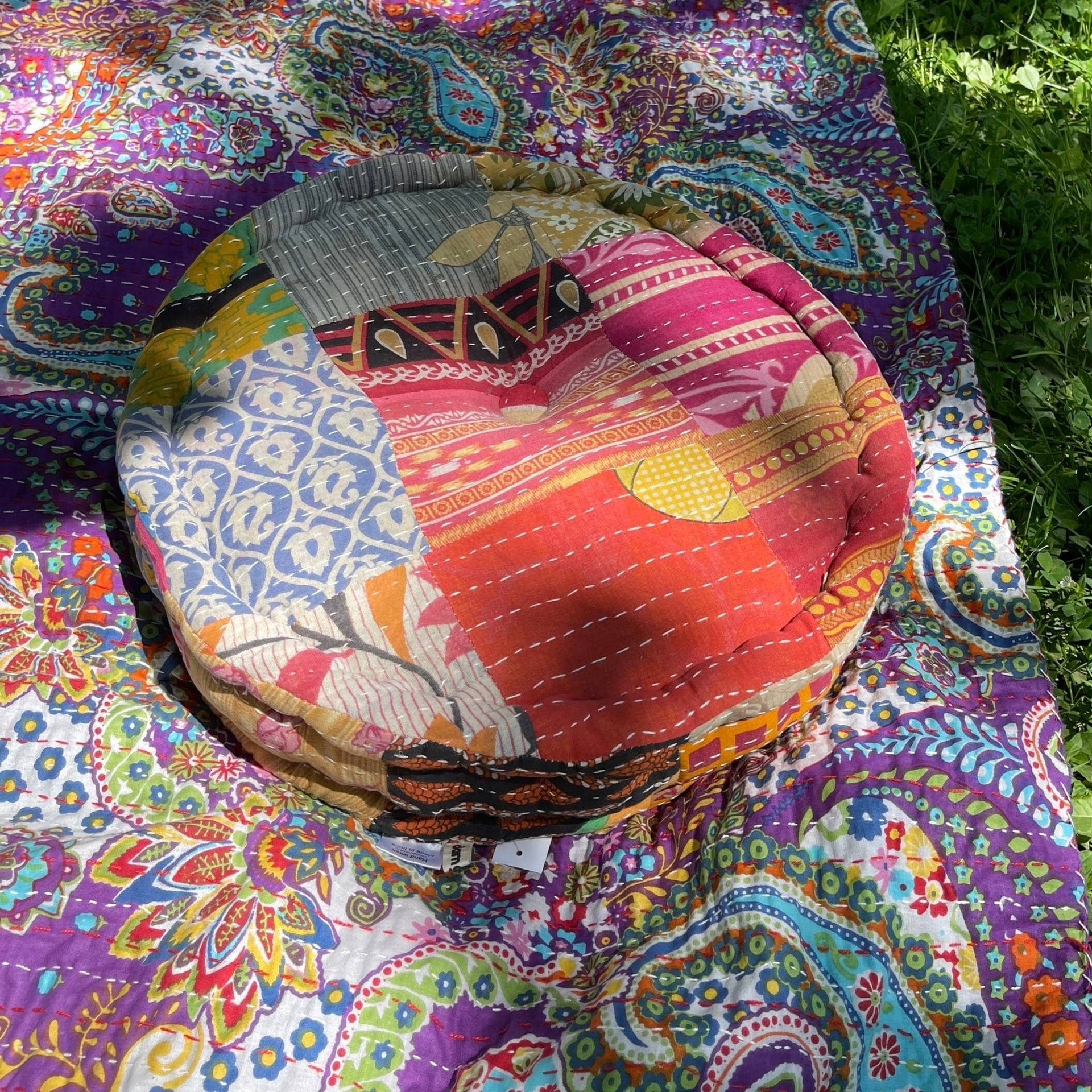 Hand Embroidered Boho Floor Pouf, Vibrant Multi-Color Cotton