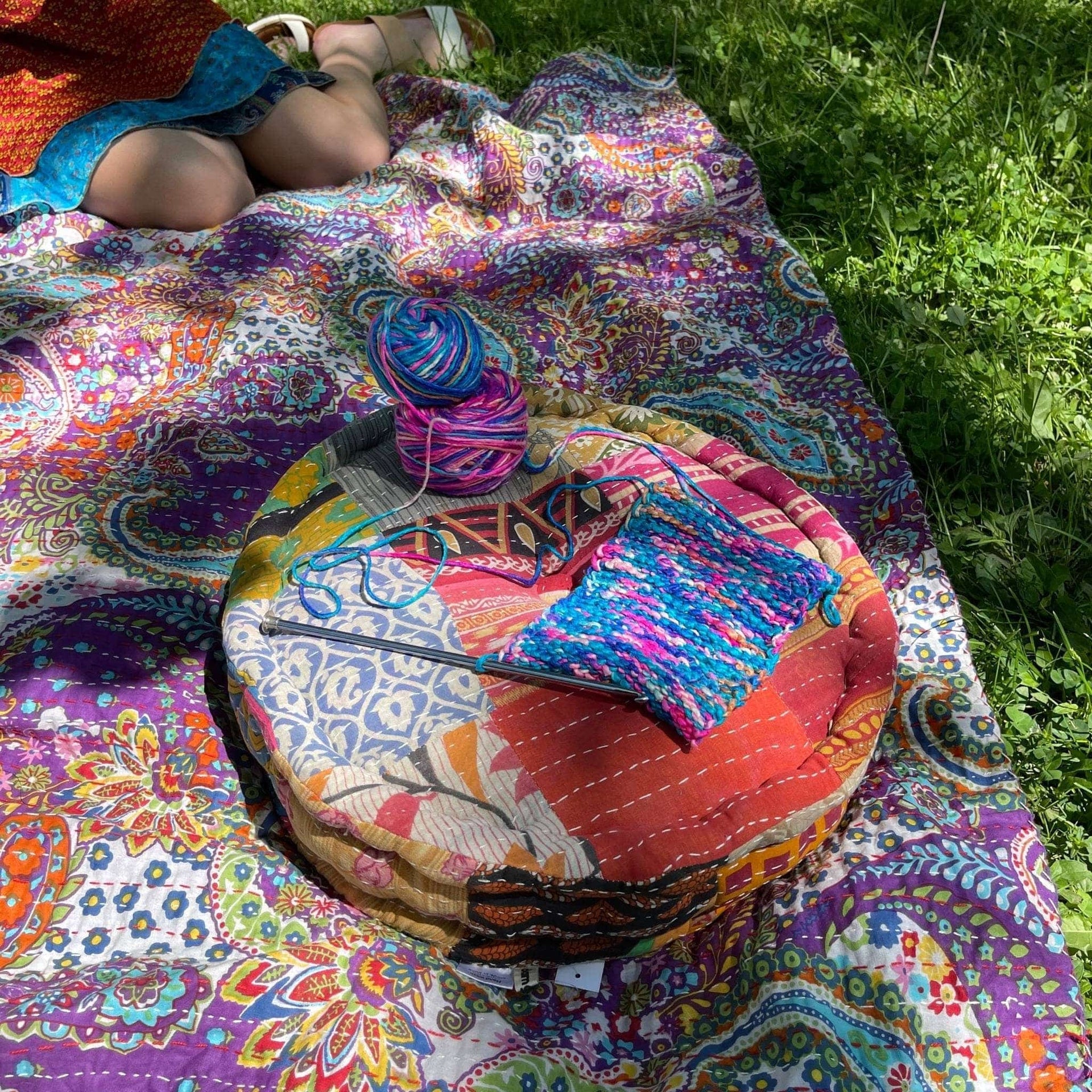 Hand Embroidered Boho Floor Pouf, Vibrant Multi-Color Cotton